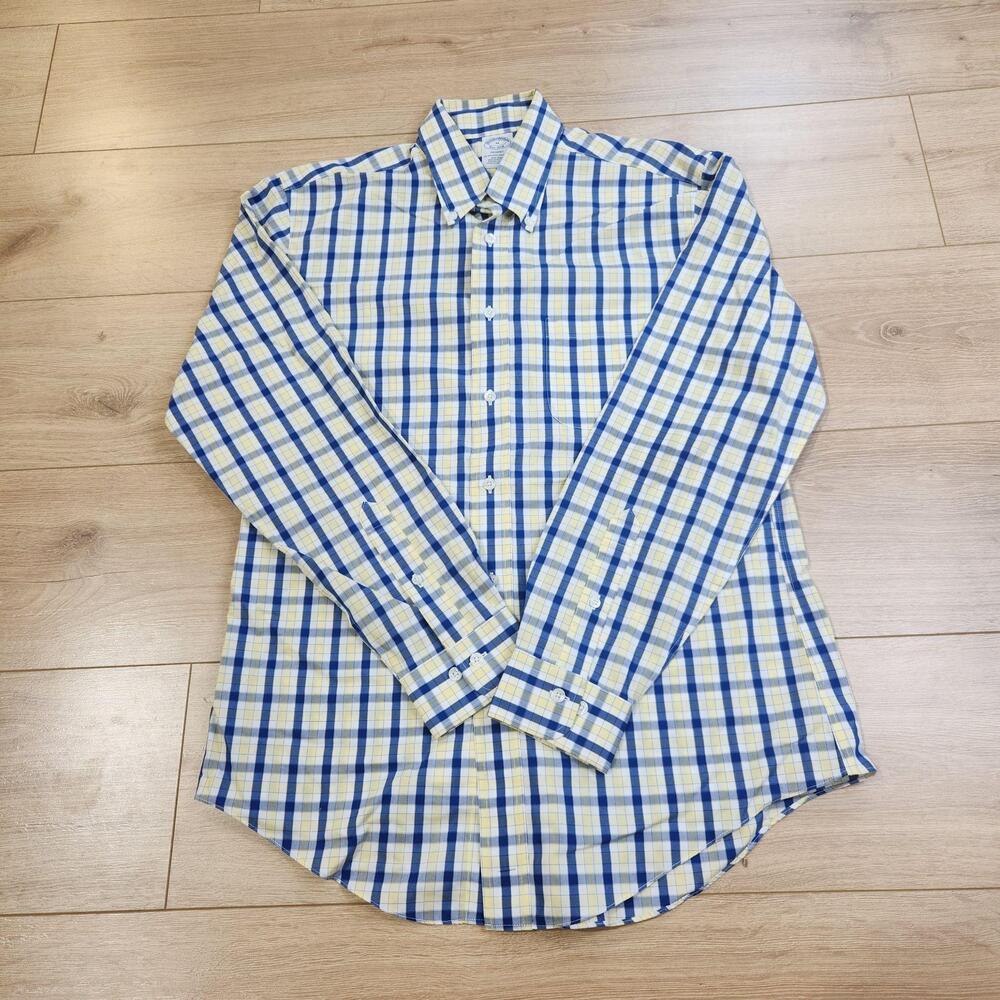 Brooks Brothers Dress Shirt Mens Medium Blue Yellow Check Non Iron Regent Supima